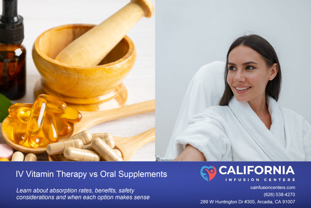 A side by side picture of a woman receiving IV Vitamin Therapy next to a picture of Oral Supplements