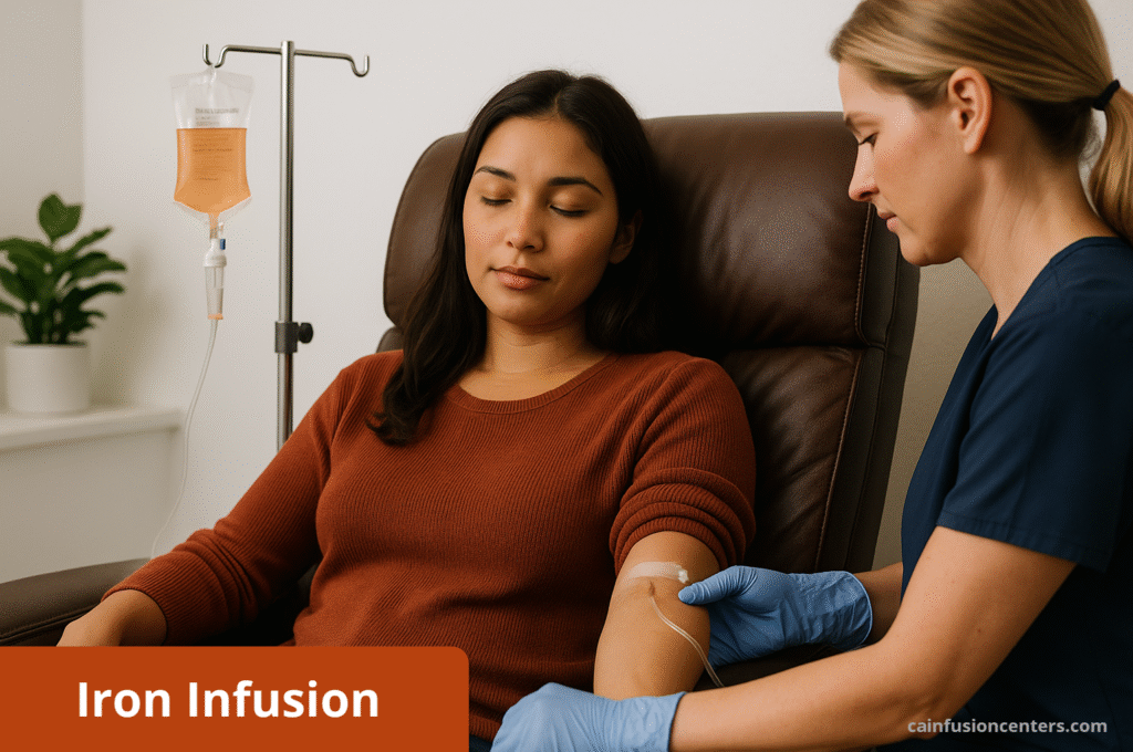 A patient relaxes in a calm, modern clinic while receiving a gentle iron infusion administered by a licensed nurse, promoting energy and recovery in a comfortable setting.