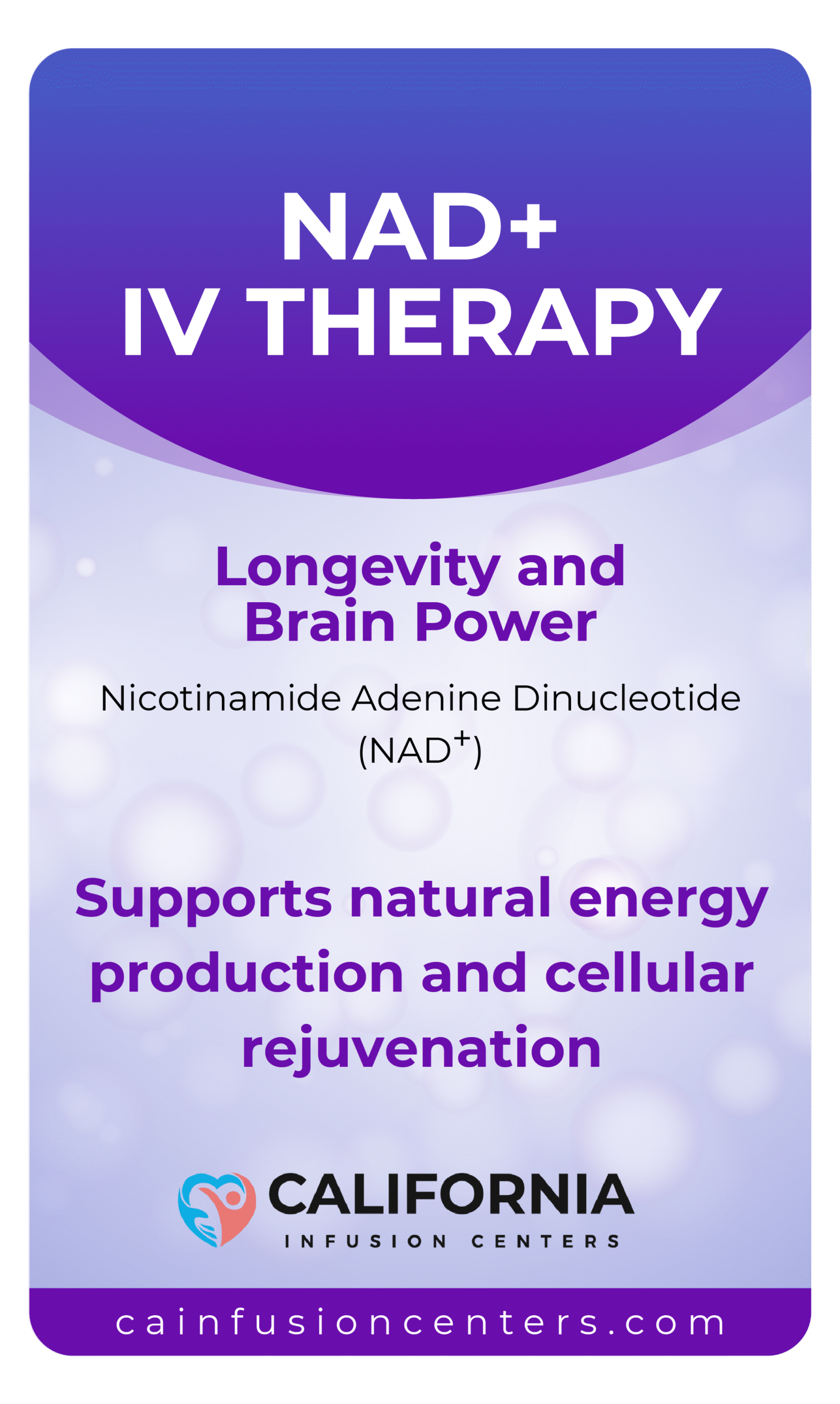 NAD+ IV Therapy IV bag featuring longevity and brain health ingredients by California Infusion Centers, available in Arcadia and across Los Angeles County