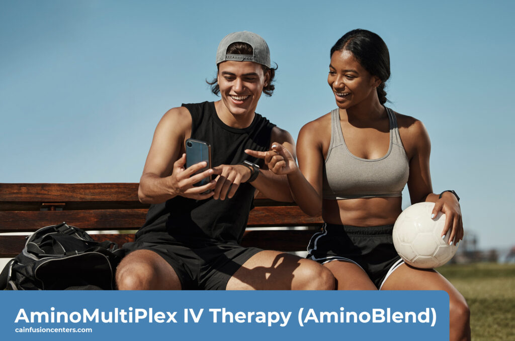 Smiling man and woman sitting outdoors after a workout, feeling refreshed and energized following AminoMultiPlex IV Therapy from California Infusion Centers in Arcadia, supporting muscle recovery and hydration.