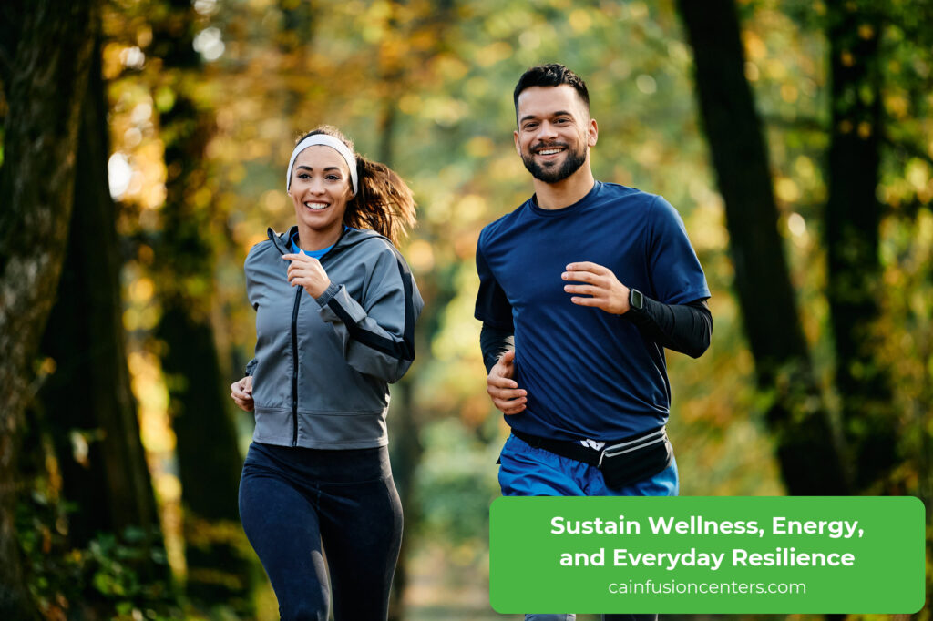 Two people jogging outdoors symbolizing active lifestyle, immune resilience, and natural energy.