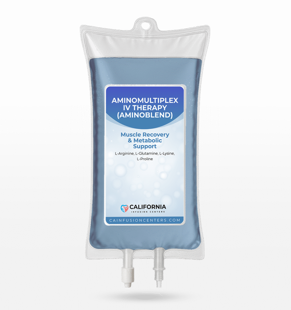 AminoMultiPlex IV Therapy bag from California Infusion Centers containing amino acids for muscle recovery, hydration, and performance support in Arcadia and Los Angeles County.