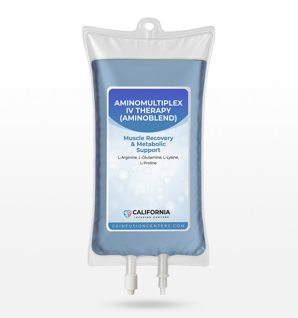 A blue AminoMultiPlex IV therapy bag containing amino acids for muscle recovery and hydration during mobile IV therapy in Los Angeles.
