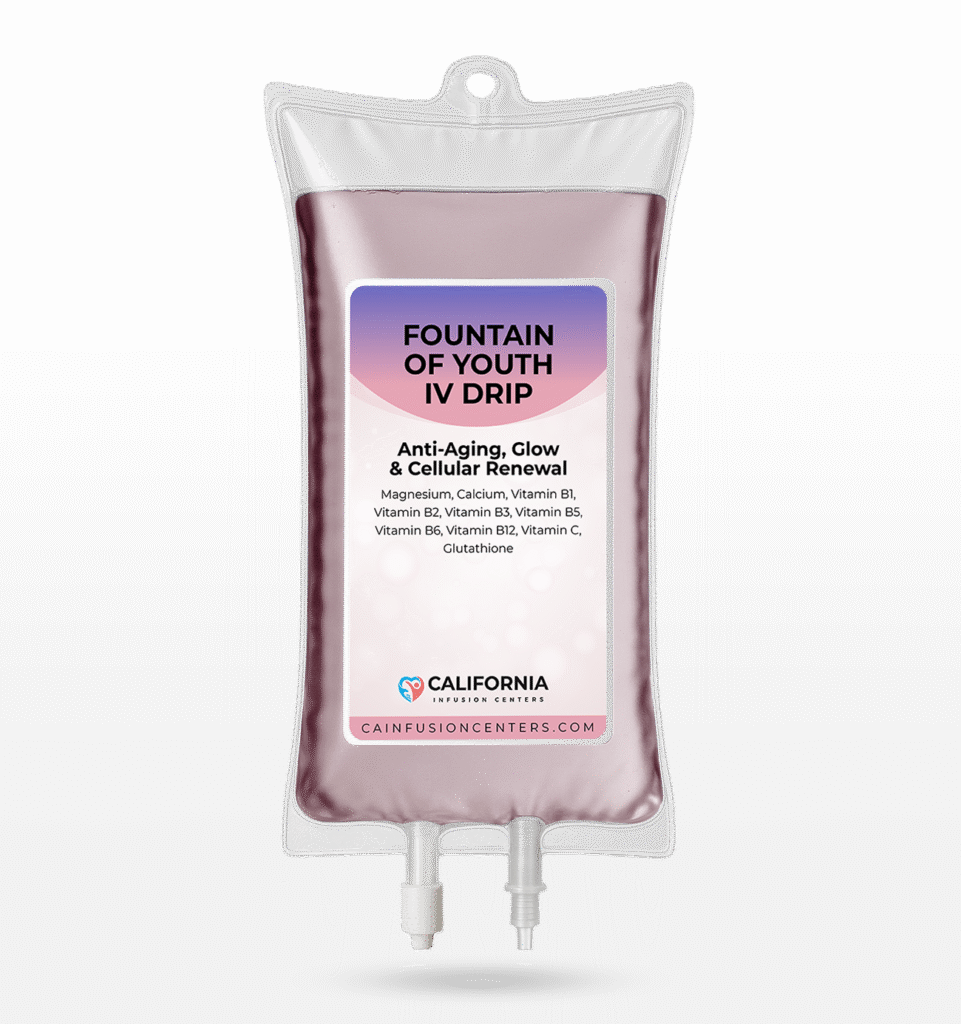 Fountain of Youth IV Therapy bag from California Infusion Centers containing vitamins, antioxidants, and Glutathione to support skin hydration, collagen, and radiance.