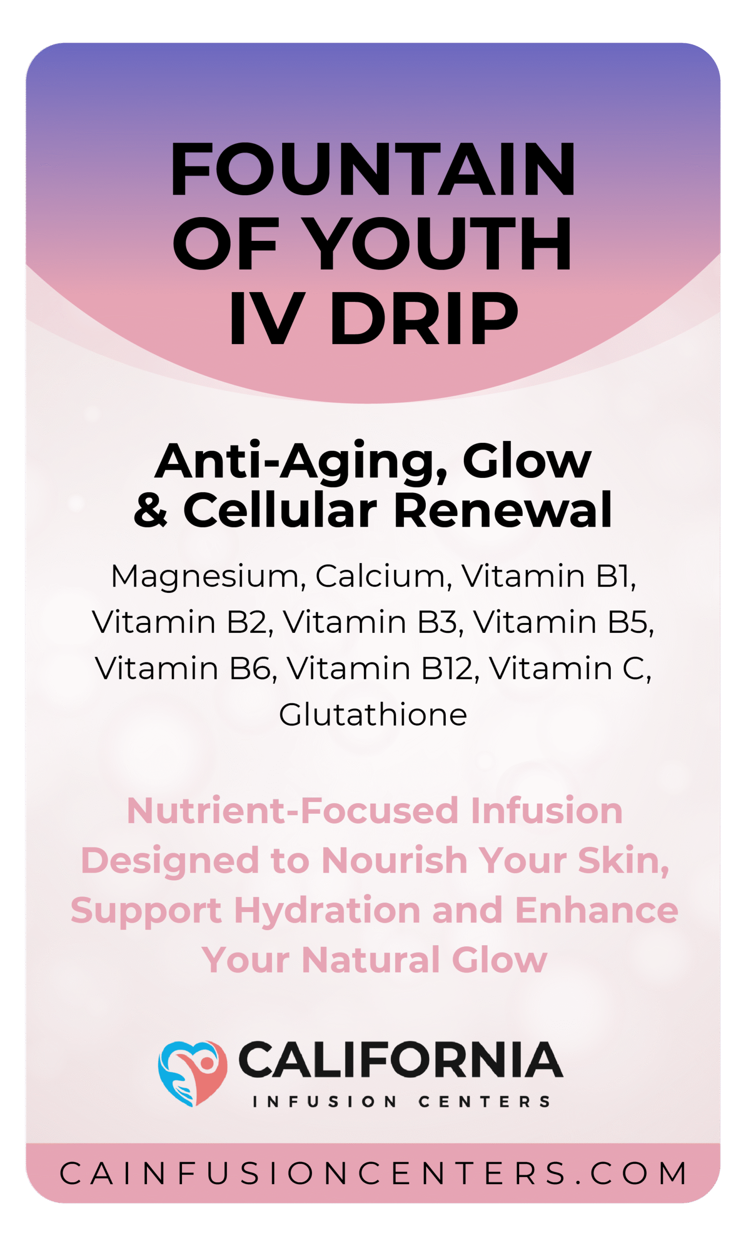 Label showing ingredients in Fountain of Youth IV Therapy including Magnesium, Calcium, B-complex vitamins, Vitamin C, and Glutathione for hydration and antioxidant support.