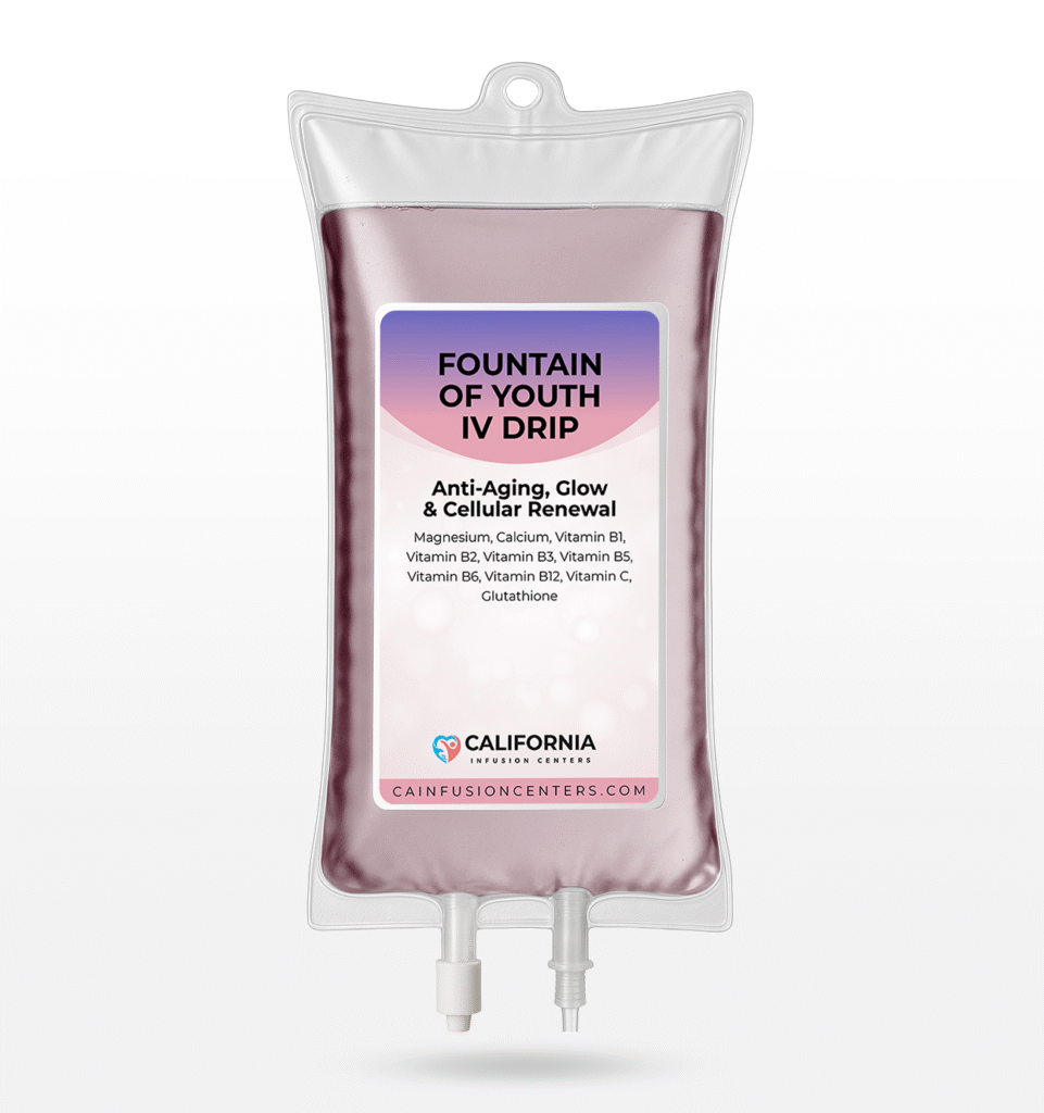 A pink-tinted Fountain of Youth IV bag infused with vitamins and antioxidants for mobile IV therapy in Los Angeles supporting hydration and skin vitality.