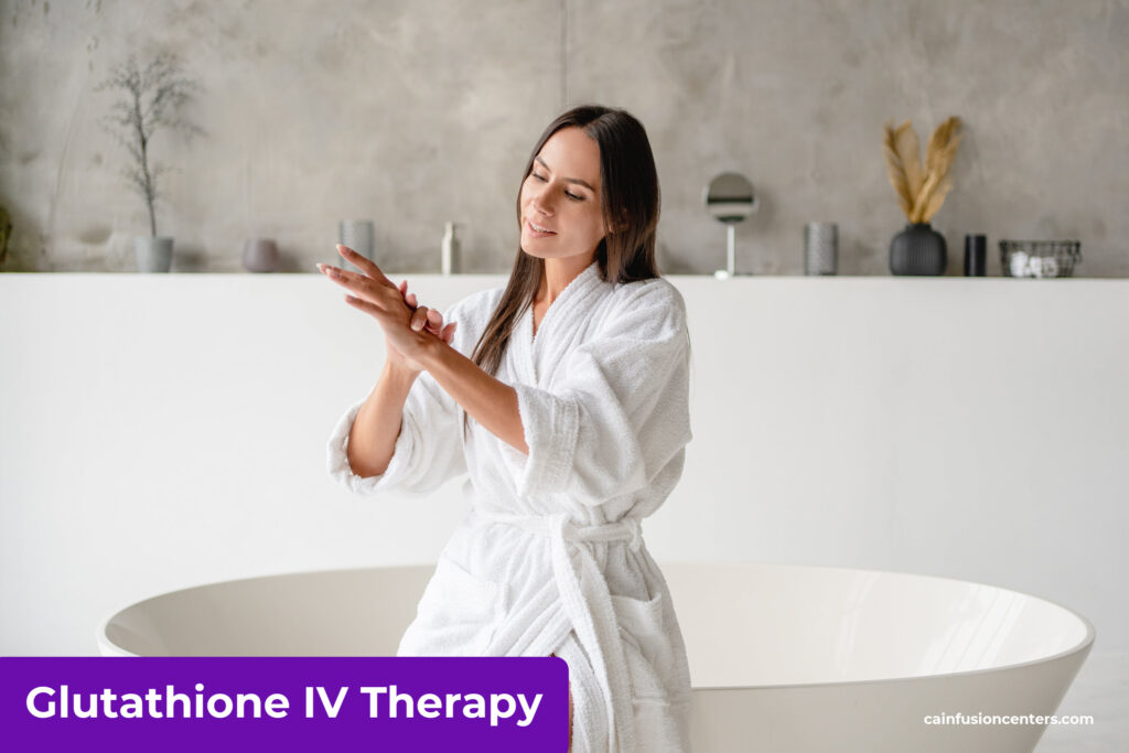 Woman relaxing after Glutathione IV Therapy at California Infusion Centers in Arcadia, representing antioxidant detox, radiant skin, and cellular rejuvenation across Los Angeles County