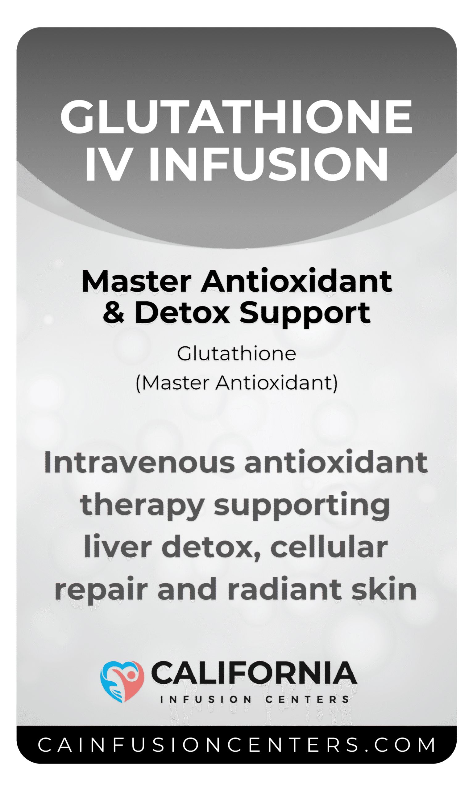 Glutathione IV infusion label showing antioxidant and detox therapy from California Infusion Centers in Arcadia and Los Angeles County