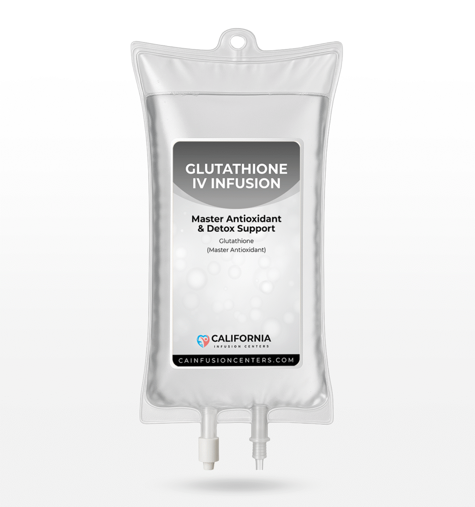 A clear Glutathione IV infusion bag used in mobile IV therapy across Los Angeles to support antioxidant balance and detox pathways.