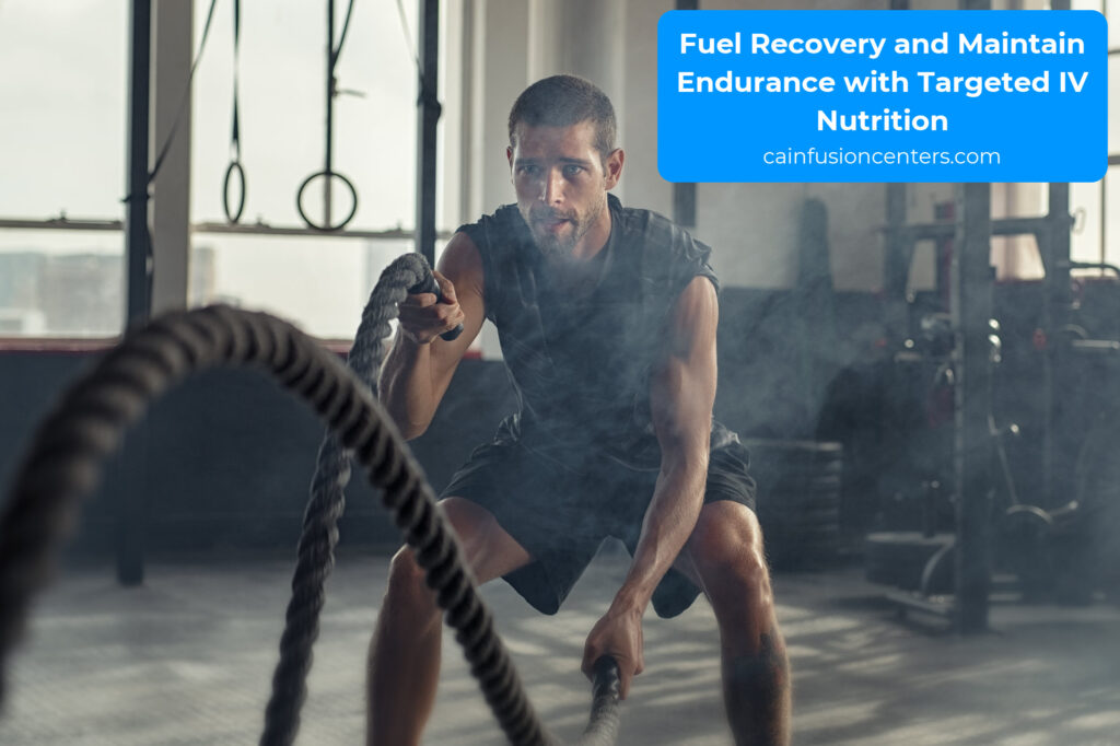 Focused athlete using battle ropes in a gym with dynamic lighting, symbolizing energy, recovery, and endurance support through IV hydration therapy.