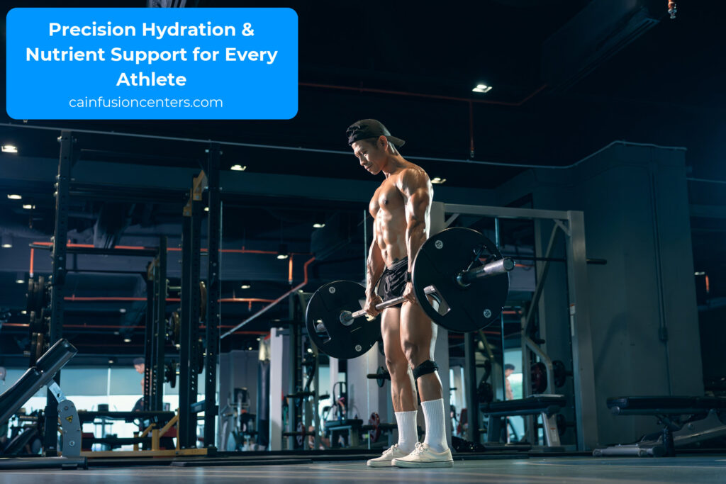 Athletic man lifting barbell in a gym, representing muscle recovery, strength training, and hydration-focused IV therapy in Los Angeles.