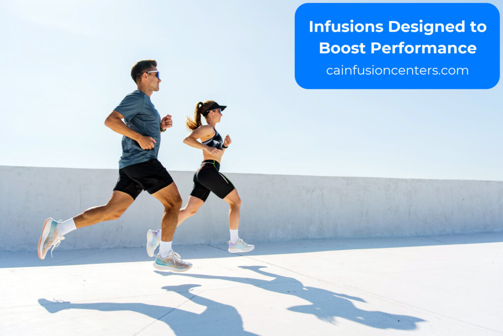 Two people jogging side by side in athletic gear, illustrating energy and performance benefits of IV drips.