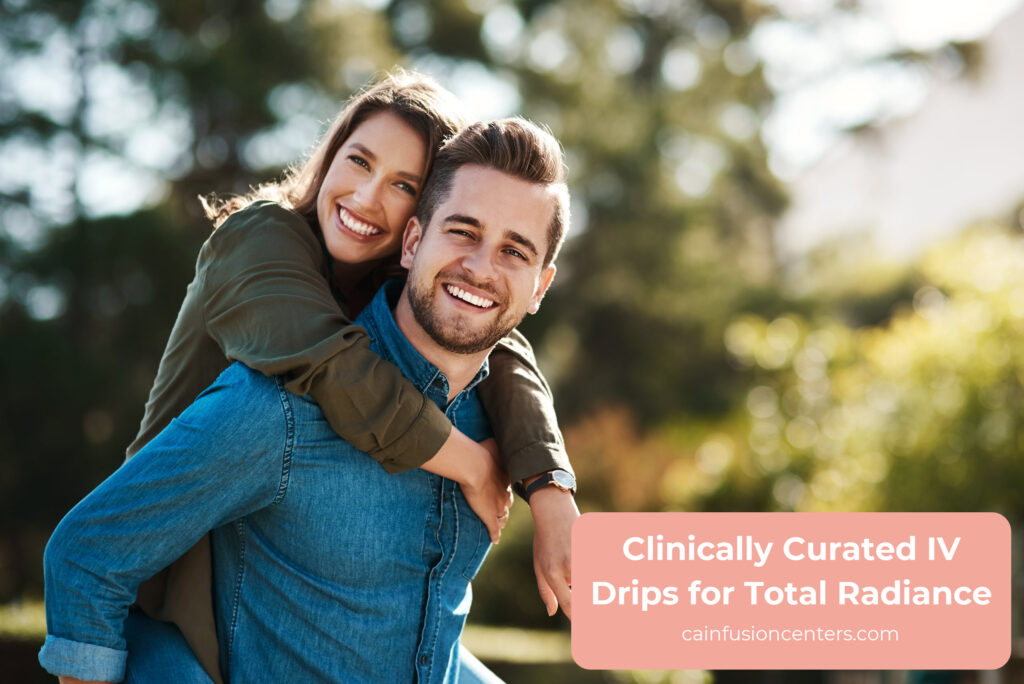 Smiling couple outdoors in soft sunlight representing the energy and confidence gained from antioxidant and anti-aging IV drips in Los Angeles.