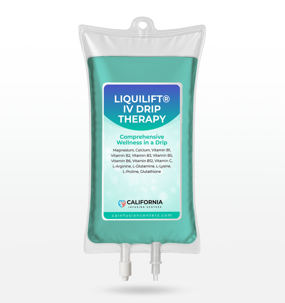 A teal Liquilift IV therapy bag filled with vitamins and antioxidants used for mobile IV treatments across Los Angeles to support hydration and wellness.