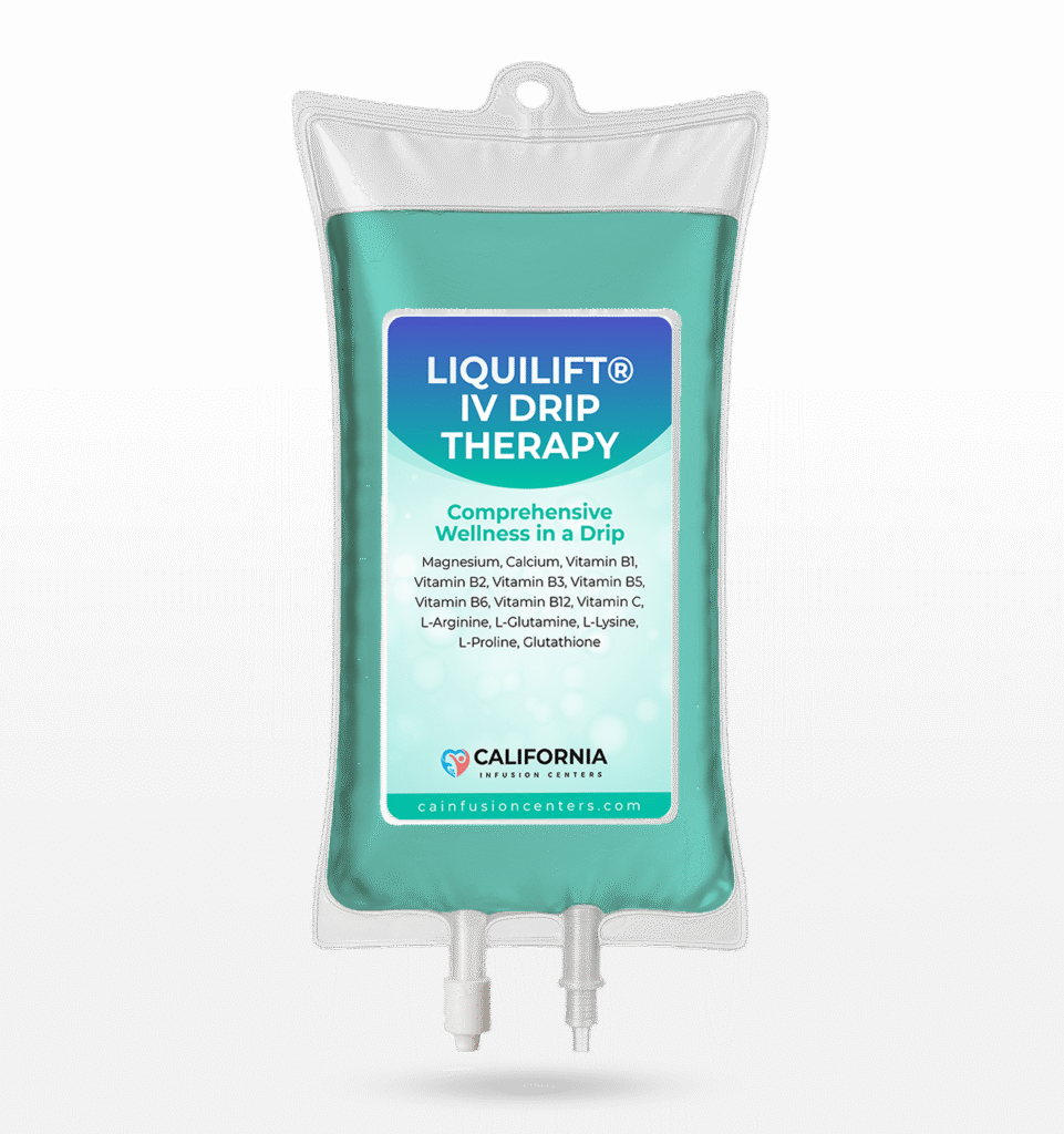 Liquilift IV drip therapy bag containing vitamins, minerals, amino acids, and antioxidants for hydration and overall wellness at California Infusion Centers.