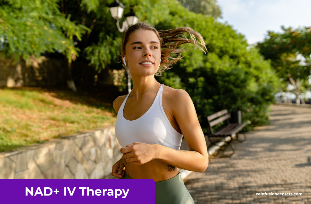 Healthy woman jogging outdoors after NAD+ IV Therapy, representing restored energy, focus, and vitality from California Infusion Centers in Los Angeles County