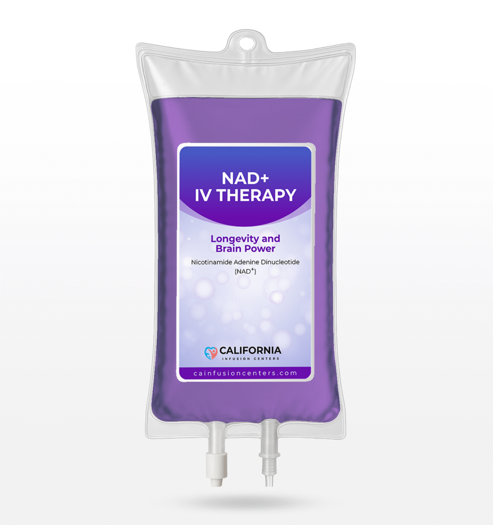 A purple NAD+ IV therapy bag containing nicotinamide adenine dinucleotide for mobile IV sessions in Los Angeles that support energy and cellular health.