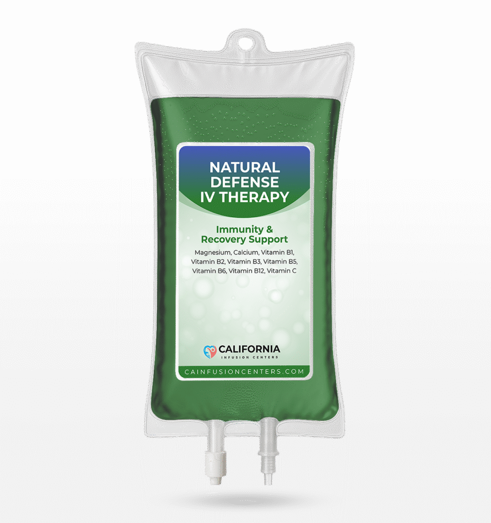 Natural Defense IV Therapy bag containing Vitamin C, B vitamins, magnesium, and calcium for immune and recovery support at California Infusion Centers.