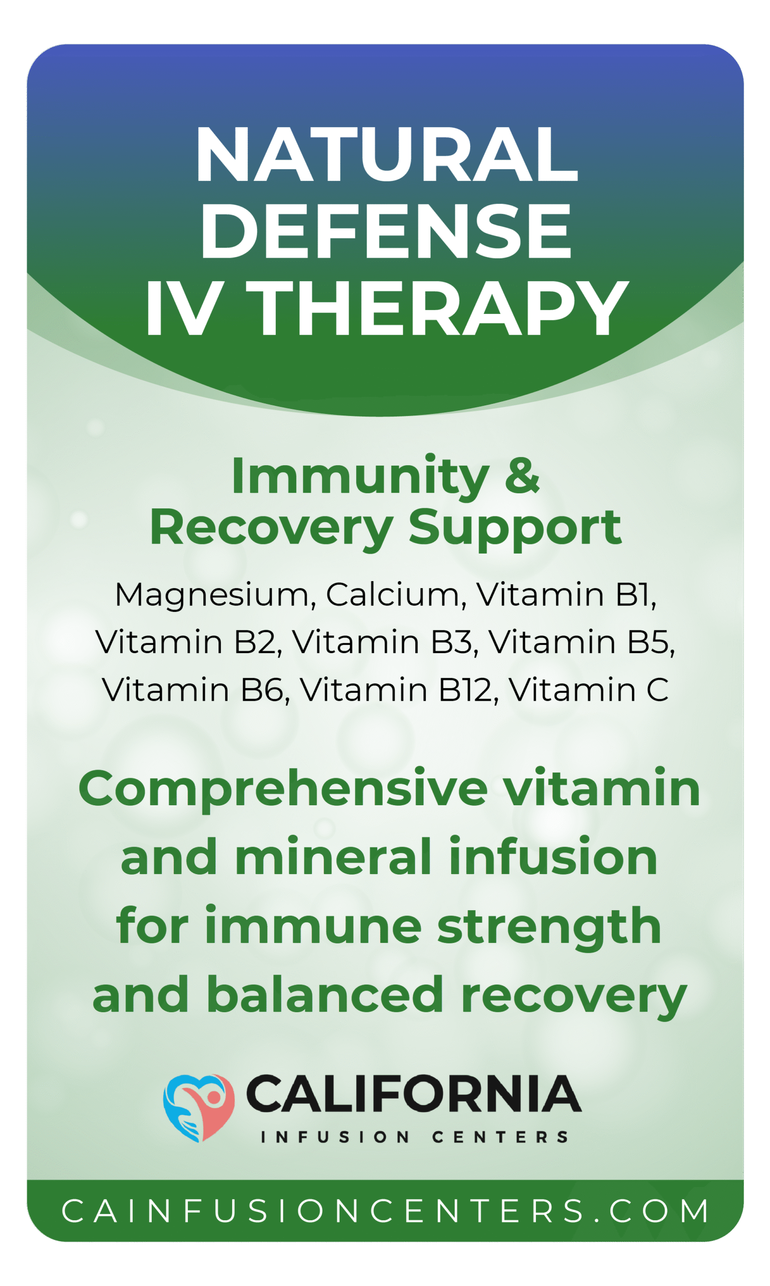 Ingredient label listing magnesium, calcium, and B-complex vitamins with Vitamin C for immune and recovery support in Natural Defense IV Therapy.