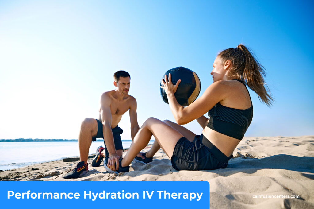 Two athletes training on the beach representing hydration, recovery and endurance benefits of Performance Hydration IV Therapy from California Infusion Centers in Los Angeles County.
