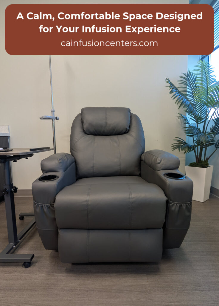 A quiet private infusion room with a padded recliner, IV stand, and natural light creating a calm and supportive treatment environment.