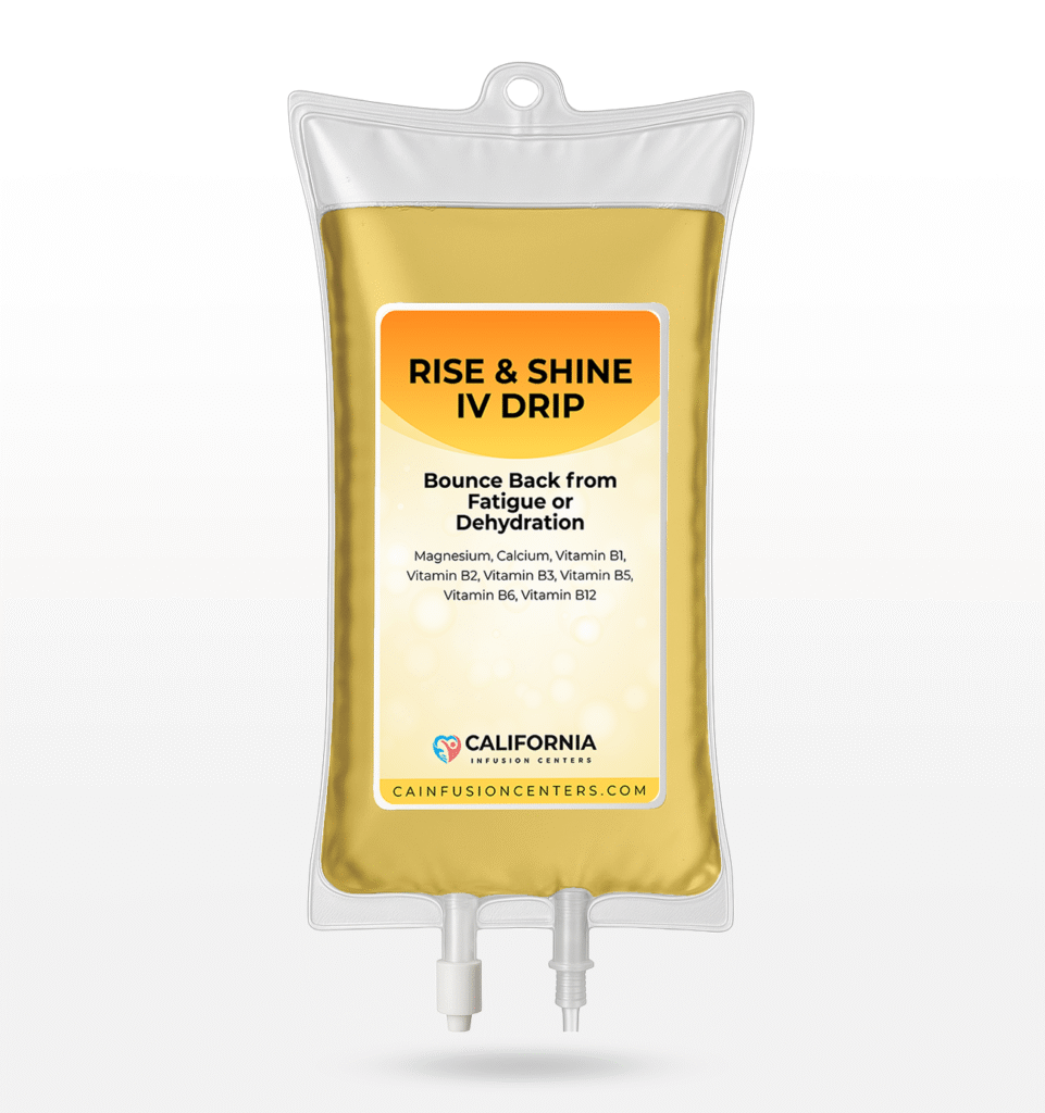 A yellow Rise and Shine IV therapy bag formulated for hydration and energy balance during mobile IV appointments across Los Angeles.