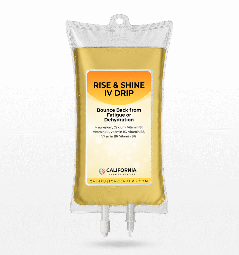 Rise and Shine IV drip therapy bag containing electrolytes, B vitamins, and minerals for hydration, recovery, and energy balance at California Infusion Centers.