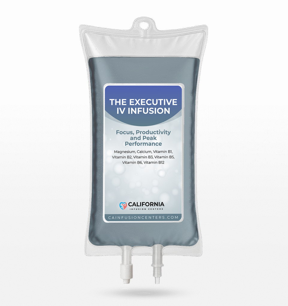 IV therapy bag labeled “The Executive IV Infusion” containing magnesium, calcium, and B vitamins for focus, clarity, and energy at California Infusion Centers.