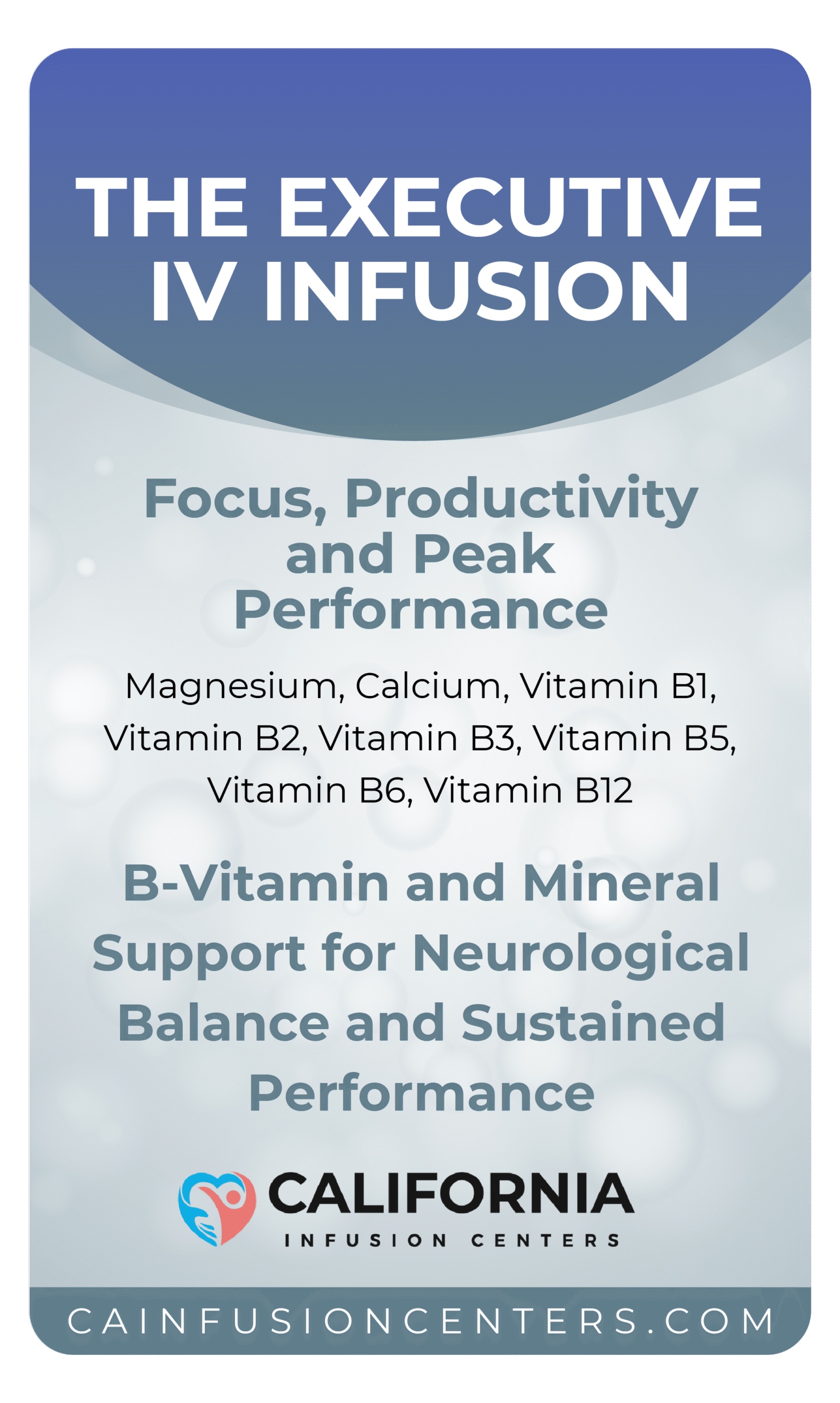 Close-up label listing magnesium, calcium, and B vitamins included in The Executive IV Therapy at California Infusion Centers, designed to support focus and mental clarity