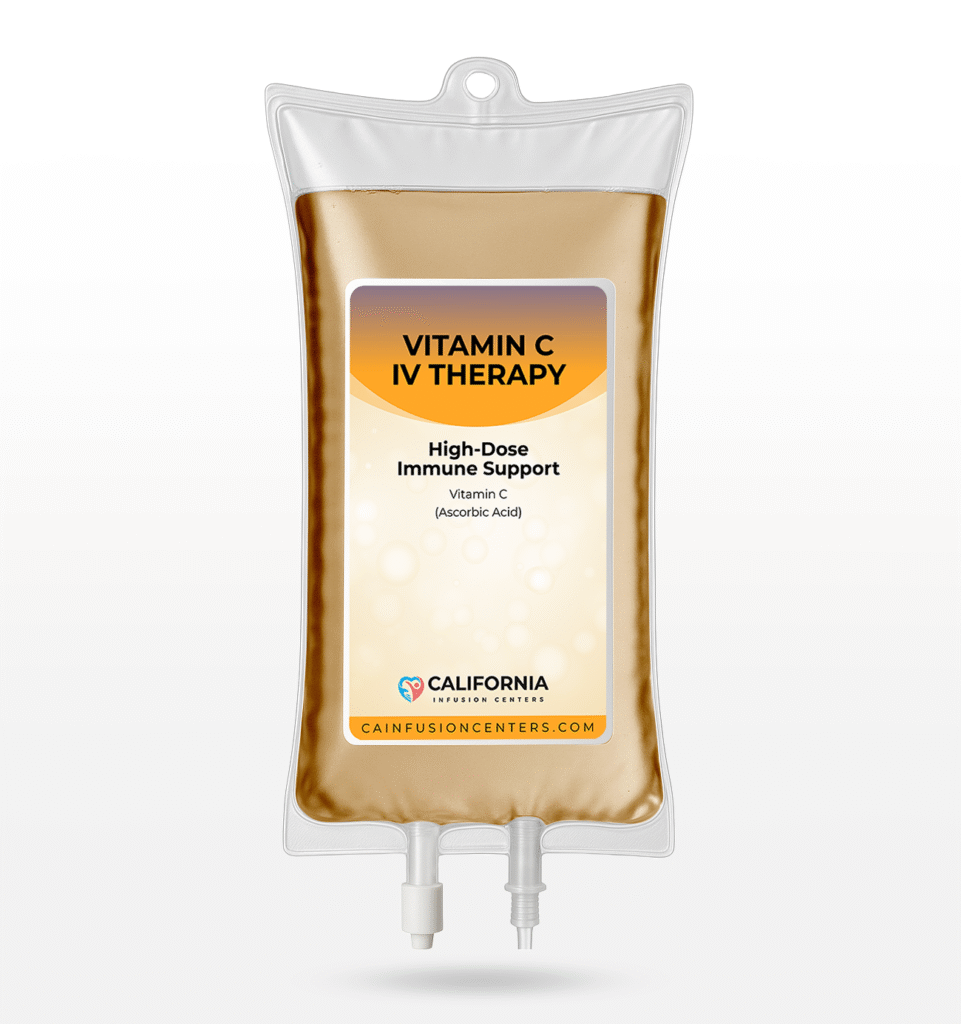 An orange Vitamin C IV therapy bag used for high-dose antioxidant and immune support during mobile IV sessions in Los Angeles.