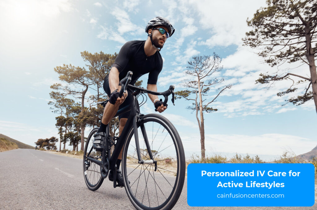 Man cycling on a sunlit road through scenic hills, symbolizing endurance, hydration, and performance wellness through IV therapy in Los Angeles.