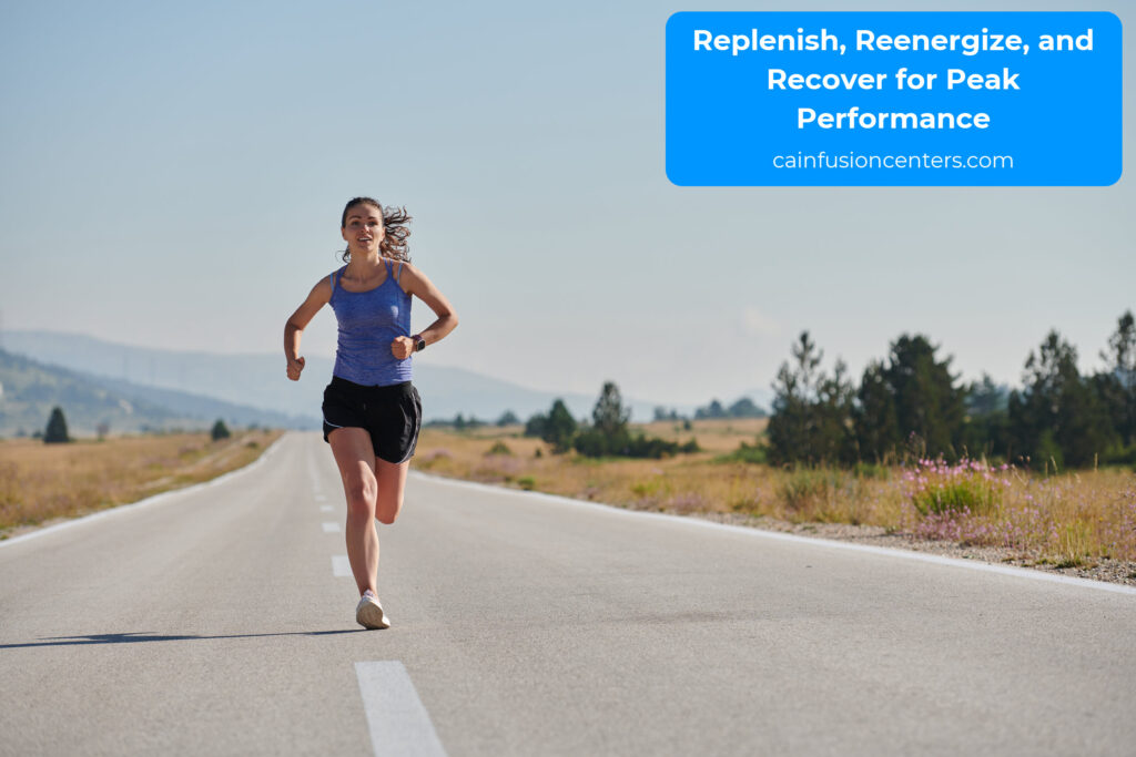Woman running confidently on an open road under blue skies, symbolizing stamina, hydration, and balanced energy supported by IV therapy in Los Angeles.