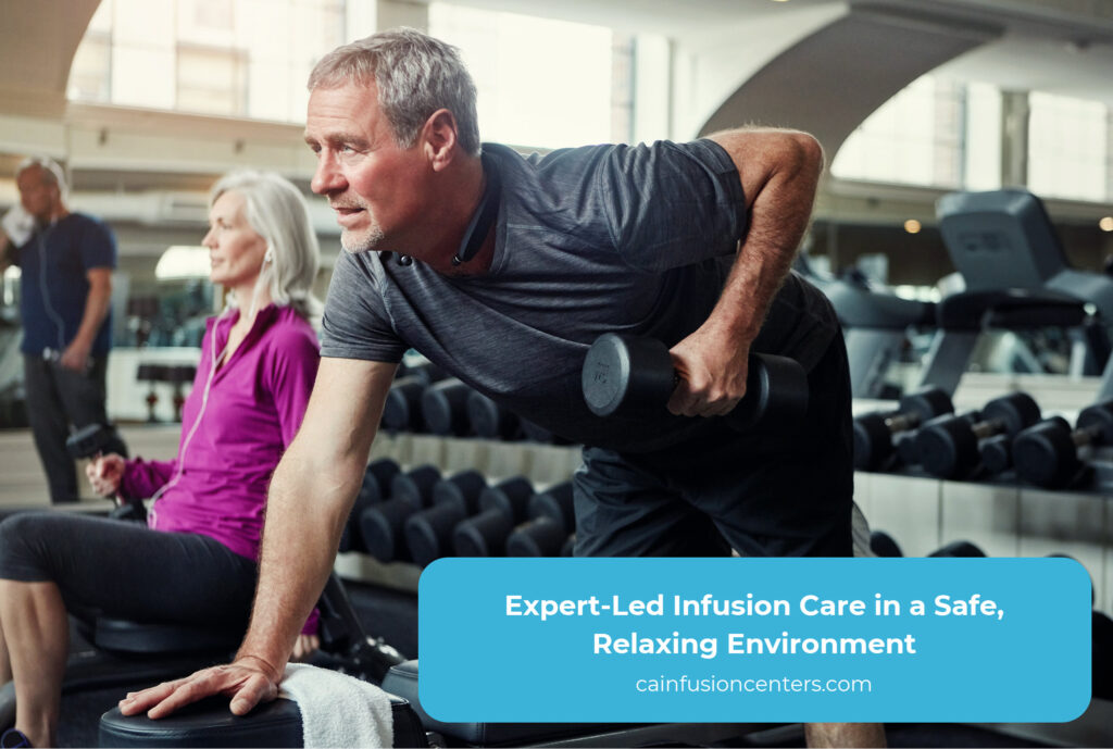 Mature adult lifting weights in a modern gym, representing safe, professional infusion therapy that supports hydration and strength.