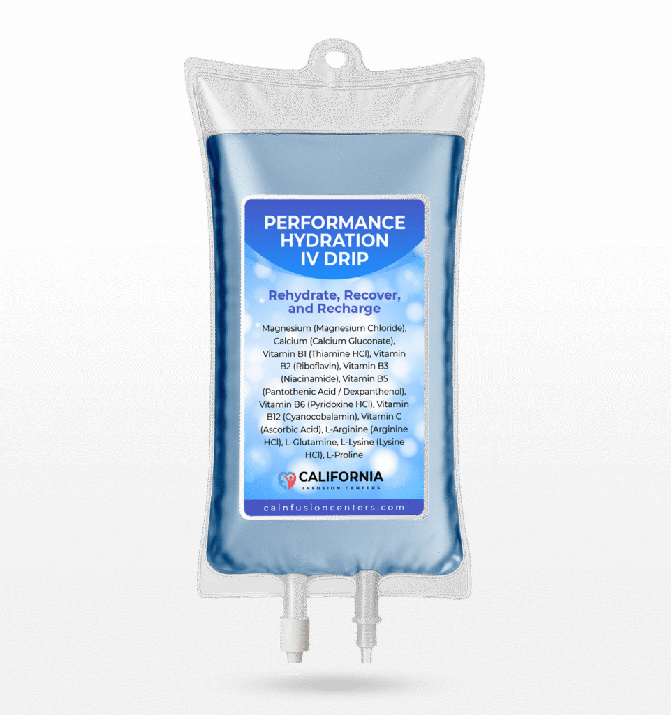 Medical-grade Performance Hydration IV drip bag containing electrolytes, amino acids, and B vitamins for rapid rehydration and muscle recovery at California Infusion Centers Arcadia.