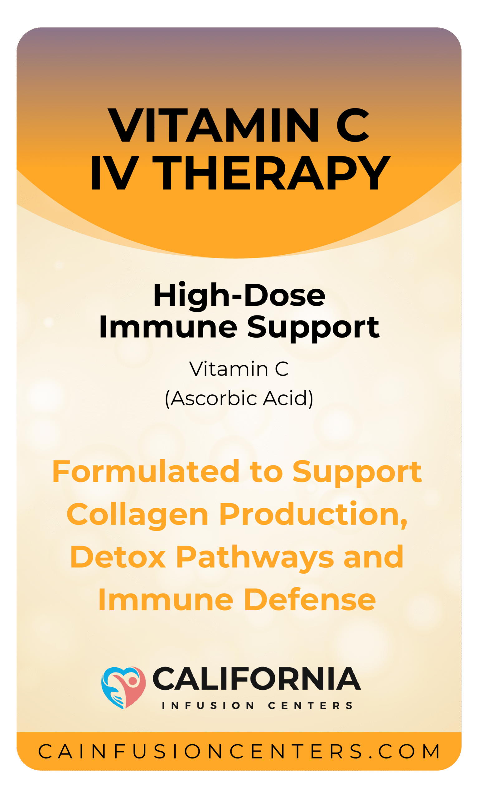 Vitamin C IV Therapy label showing high-dose immune support with ascorbic acid for antioxidant and collagen benefits at California Infusion Centers