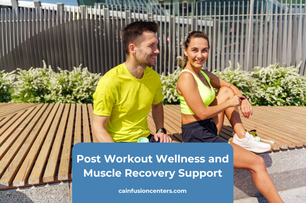 Two active adults relaxing outdoors after a workout, symbolizing muscle recovery, metabolic balance and performance wellness supported by amino acid injections.