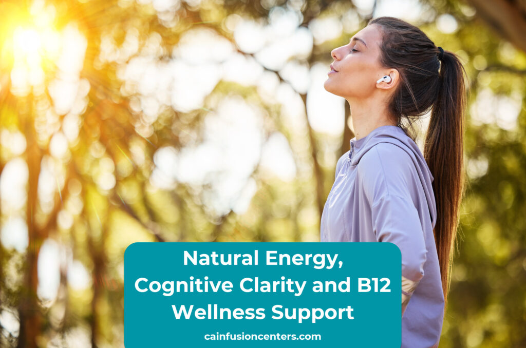 Woman standing outdoors with eyes closed in soft sunlight, appearing calm and focused as she enjoys a clear, energized wellness moment.