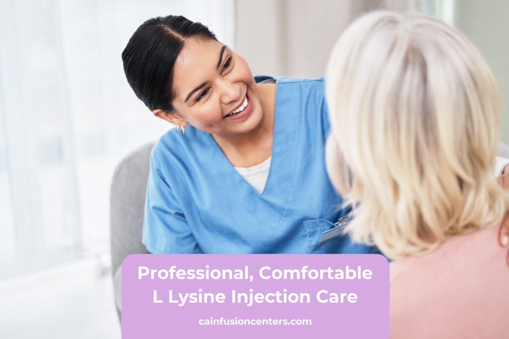 A clinician smiles warmly while speaking with a patient, representing a supportive and comfortable L Lysine injection visit focused on safety and personalized care.