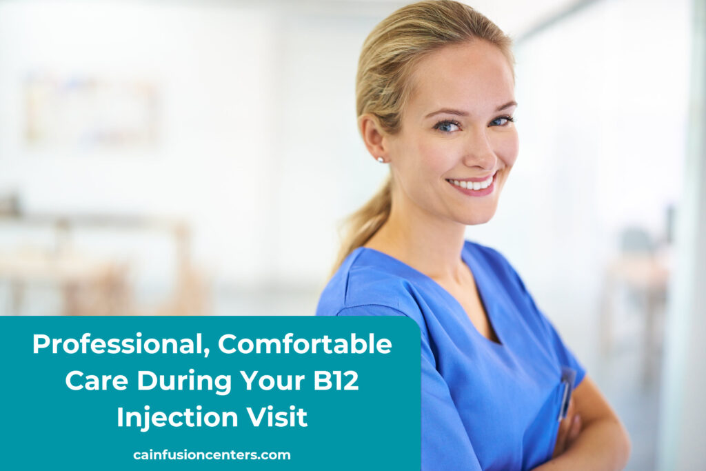 Smiling clinician in a calm medical wellness setting offering supportive guidance for a relaxed methylcobalamin B12 injection visit.
