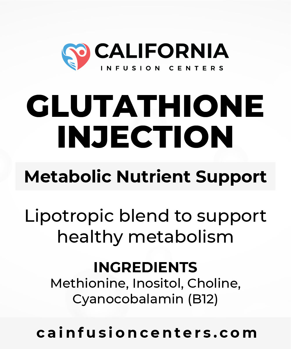 Graphic highlighting Glutathione Injection benefits including antioxidant balance, detox support, radiance and overall cellular wellness.