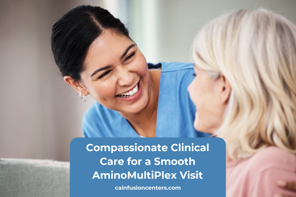 A licensed clinician smiles warmly while speaking with a patient, representing a supportive and comfortable AminoMultiPlex injection visit at California Infusion Centers.