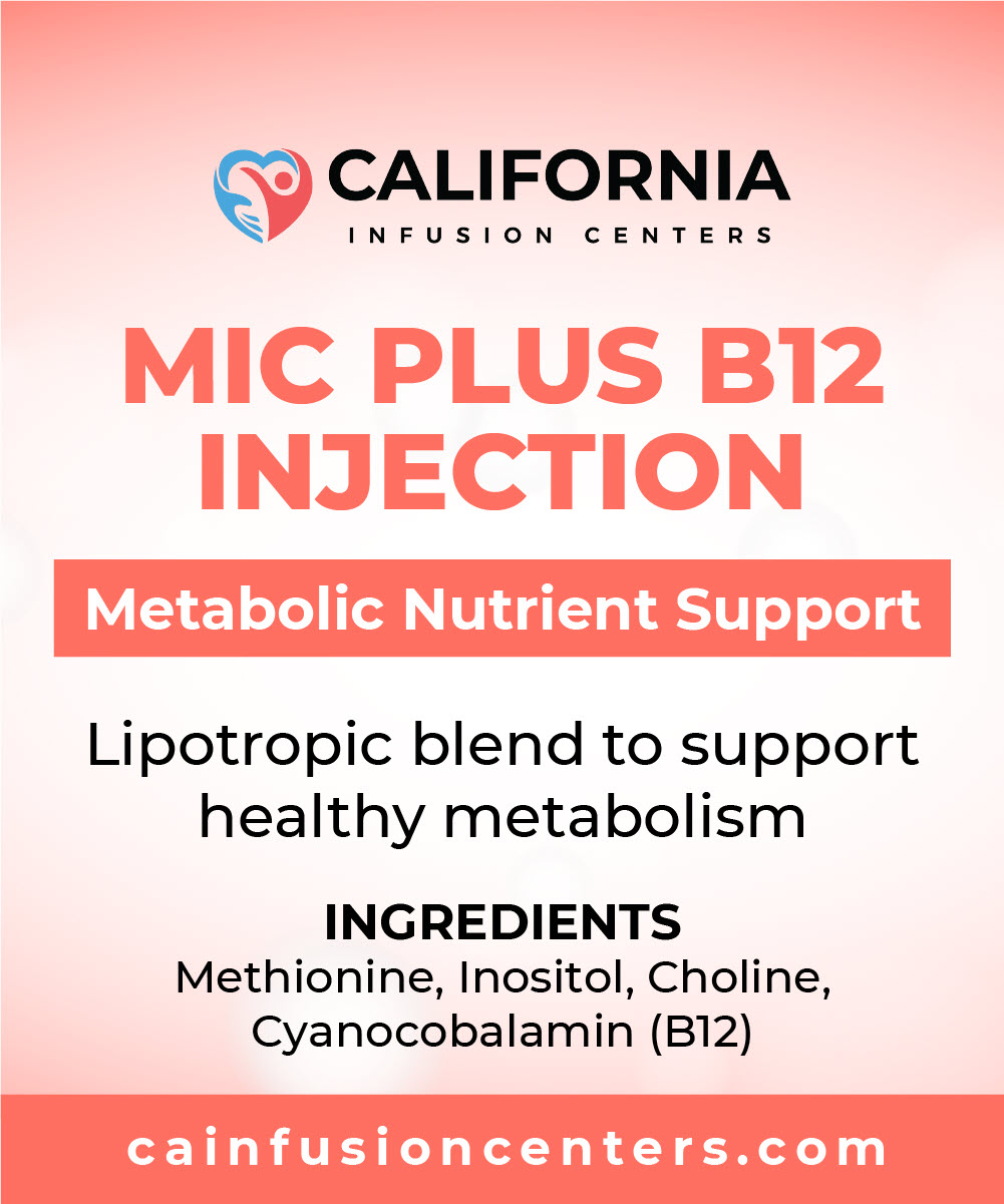 Graphic showing MIC Plus B12 Injection benefits, including metabolic nutrient support and a lipotropic blend of Methionine, Inositol, Choline and B12.