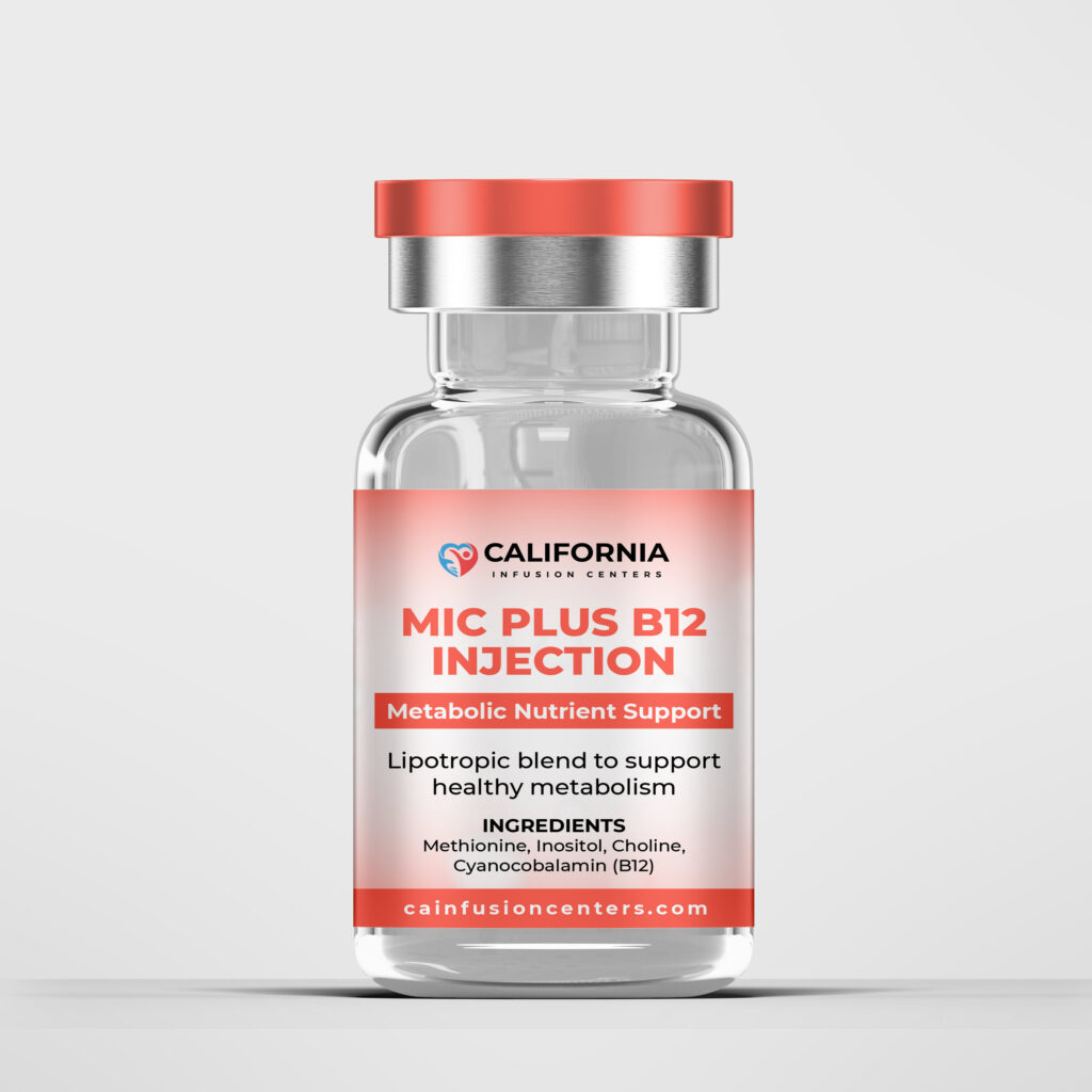 A clear MIC Plus B12 Injection vial with a red label showing metabolic nutrient support ingredients including Methionine, Inositol, Choline and B12.