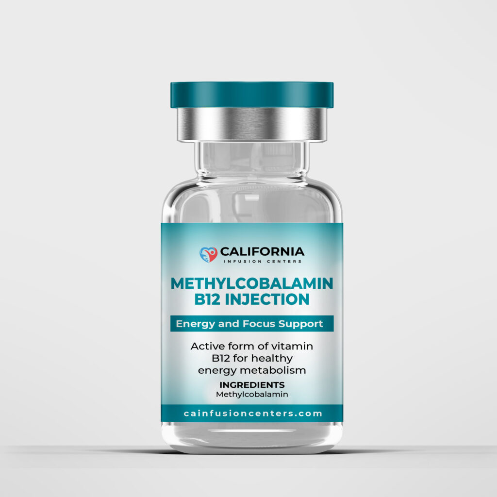 Clear vial labeled Methylcobalamin B12 Injection showing branding and nutrient information for energy, focus and metabolic wellness support.