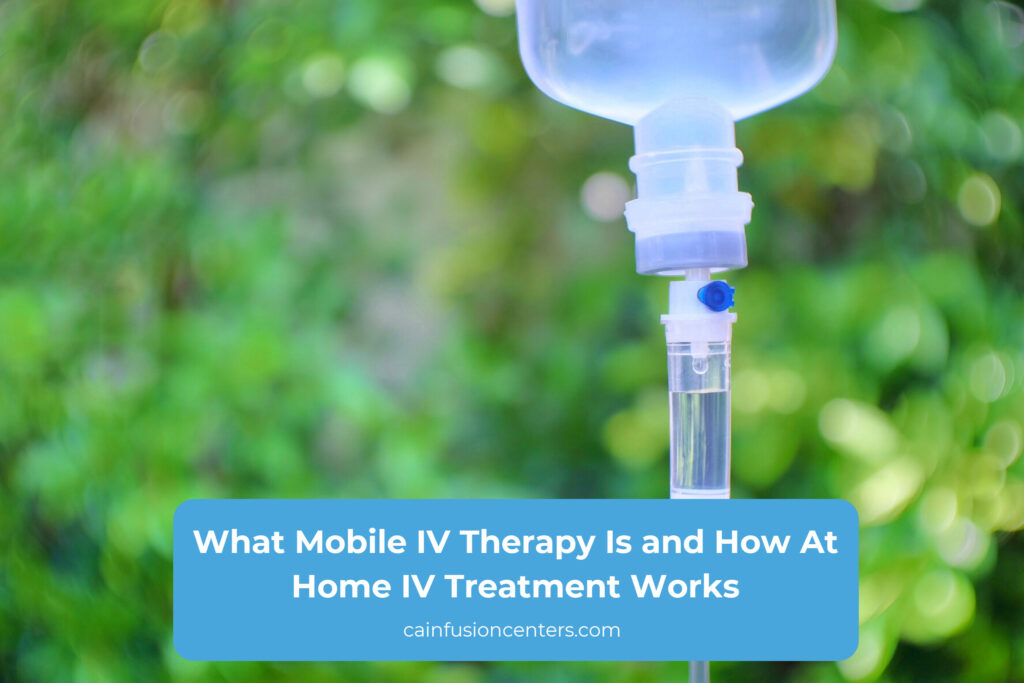 Close up of an IV drip chamber representing mobile IV therapy administered at home with licensed clinical oversight.