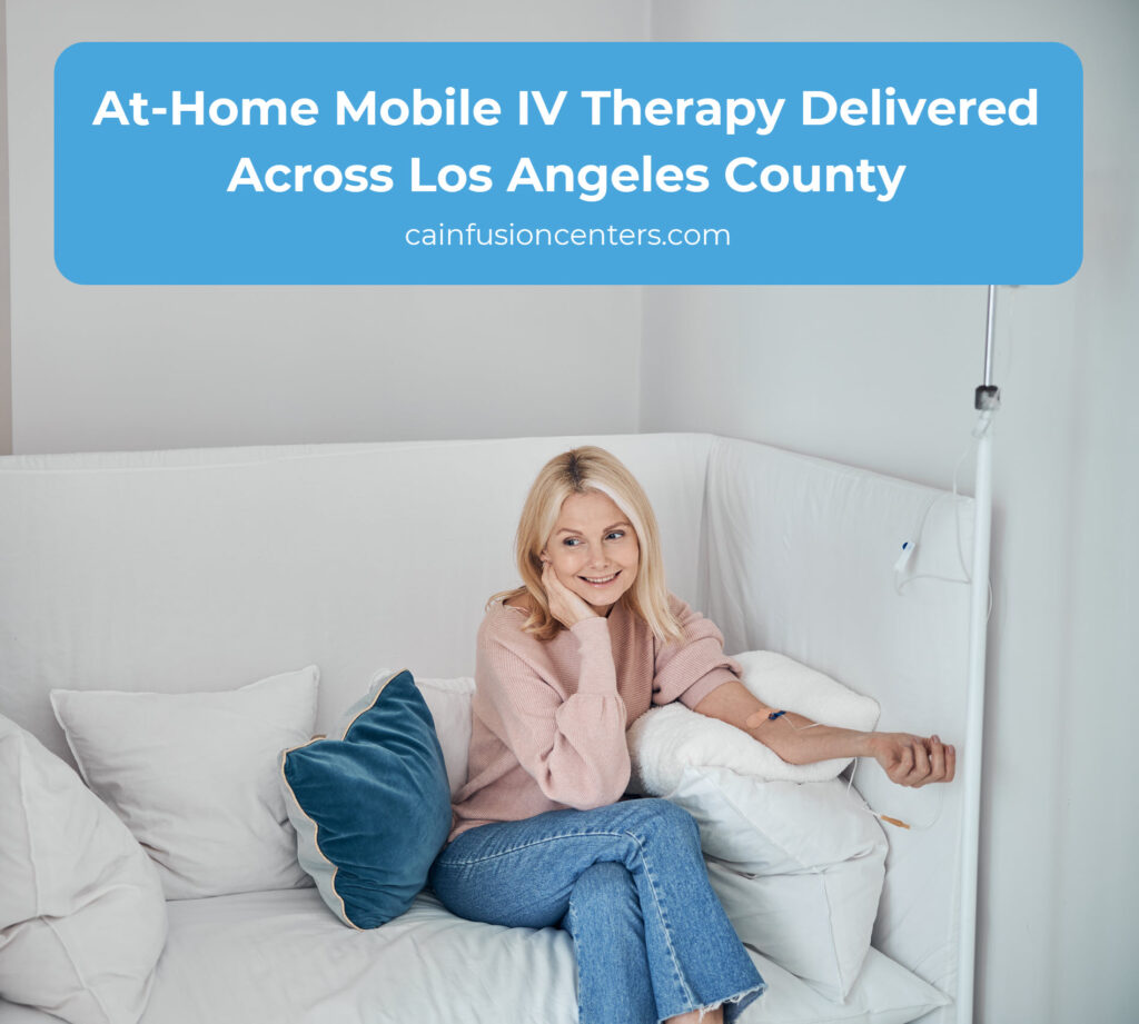 Person receiving mobile IV therapy at home in Los Angeles County with IV drip stand and comfortable in-home treatment setup.