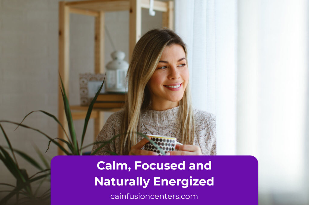 Woman enjoying a quiet morning moment with a warm drink while feeling clear and refreshed.