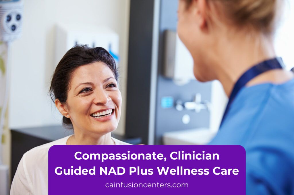 A clinician offering warm reassurance to a patient during a NAD plus injection visit, reflecting supportive guidance and a comfortable wellness experience.