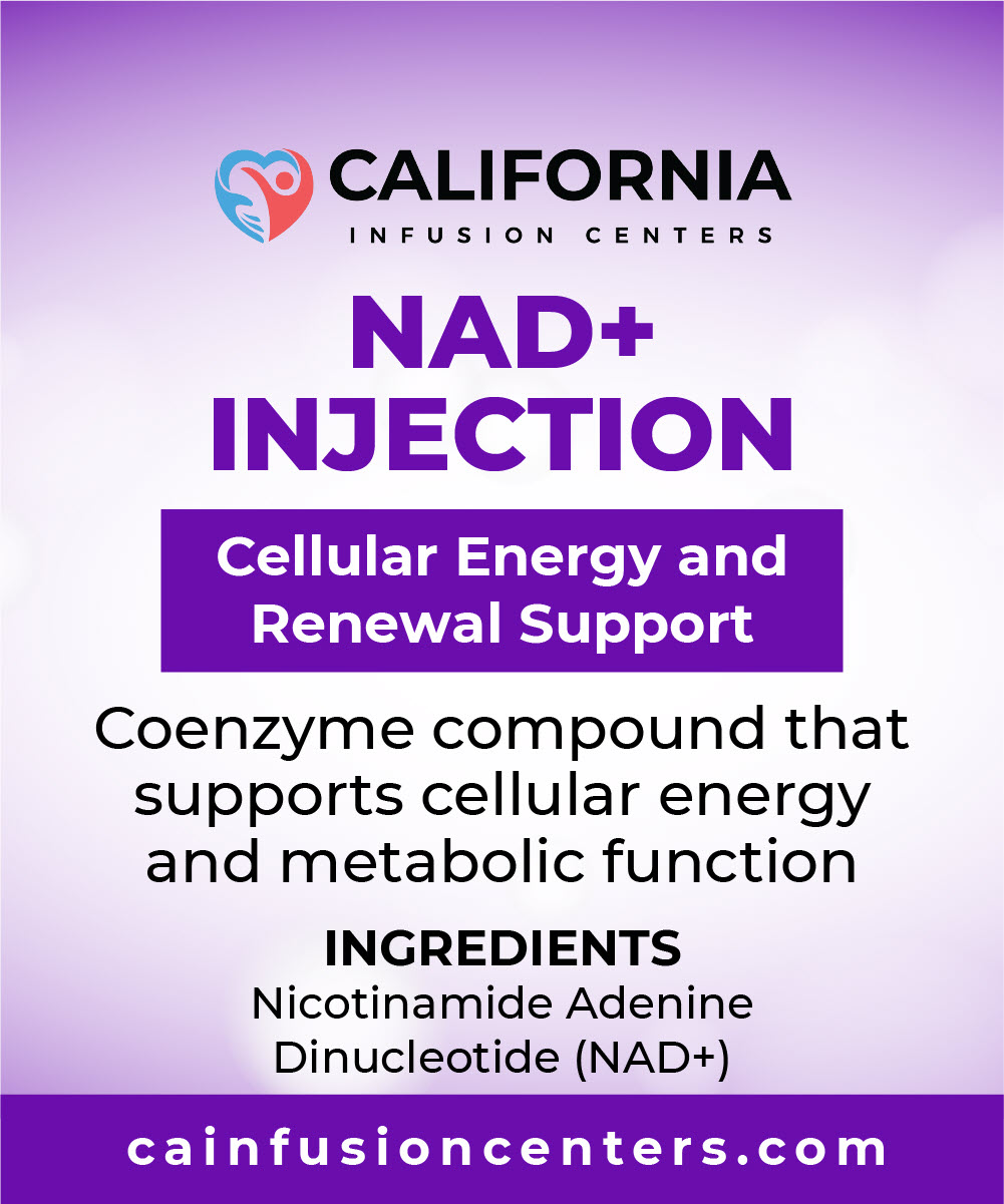 Graphic displaying NAD Plus Injection benefits, highlighting cellular energy support, metabolic wellness and cognitive clarity with clinic branding.