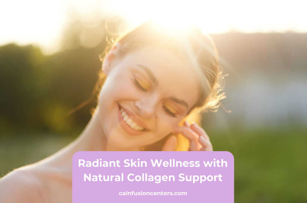 A woman with glowing skin smiles softly in warm sunlight, representing natural collagen support, skin wellness and beauty focused vitality.